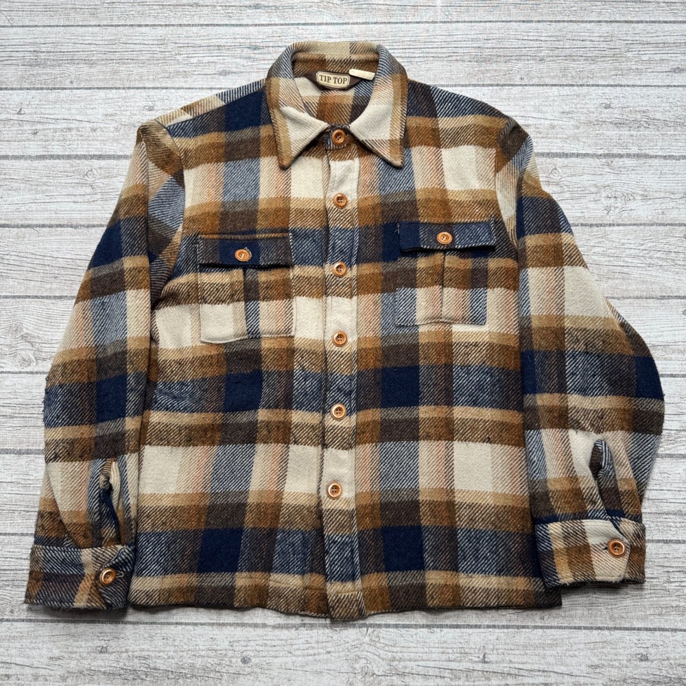 Vintage 90s Tip Top Flannel Shirt Men's Large Brown Plaid Wool Button Up Canada